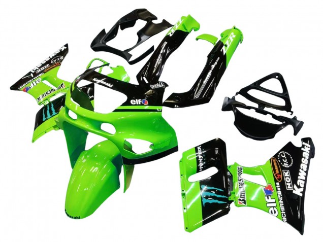 1998-2003 Kawasaki ZZR600 Motorcycle Fairings - Green Glossy Black Blue Monster Elf Touch4 Bridgestone